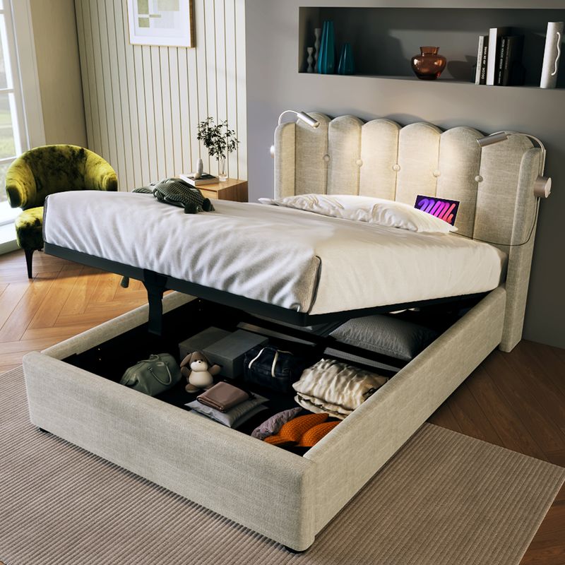 Cadre de lit simple rembourré avec liseuse, fonction de charge, rangement pour la tête de lit, lit enfant en lin 90 x 200 cm avec sommier à lattes (matelas non inclus, coloris naturel)_voghion.com