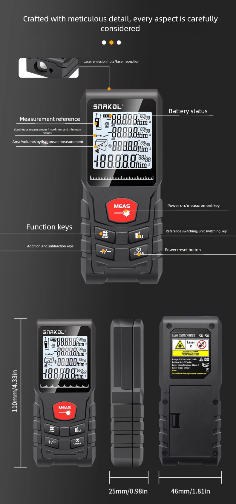 Sneco Handheld Laser Rangefinder High-Precision Electronic Ruler Multiple Measurement Modes 50/70/100/120m_voghion.com