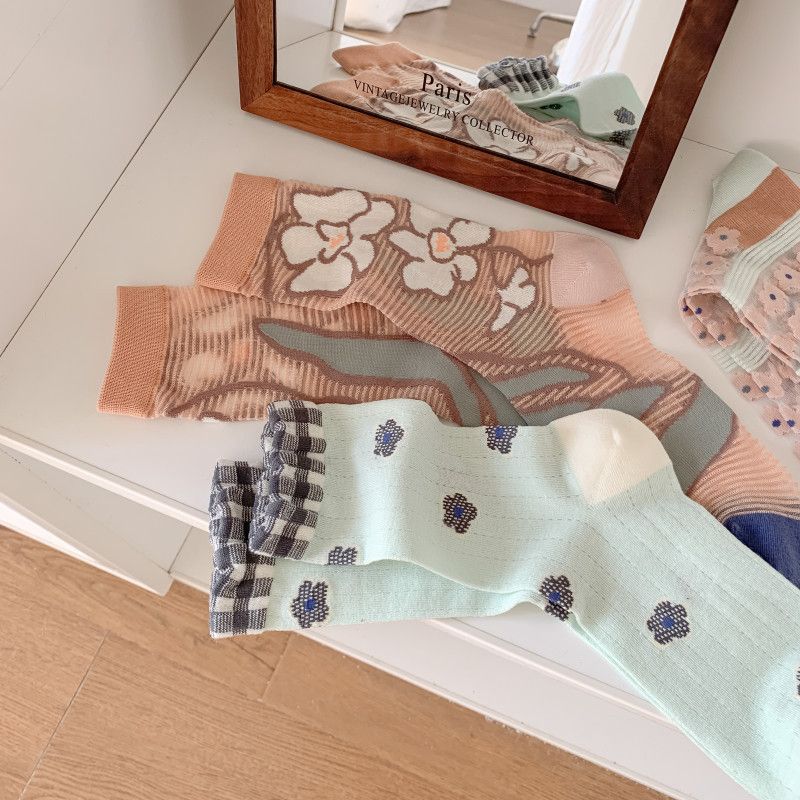 Meias femininas de verão novas de algodão estilo universitário, de seda de vidro, com bloqueio de cores, estilo coreano, com flores, até a panturrilha_voghion.com