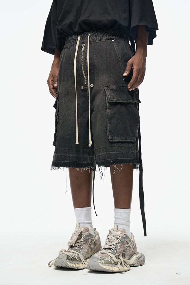 Herrenbekleidung Reißverschluss Raw Edge Seitentasche Arbeitsshorts Washed Distressed Ribbon Loose Denim Shorts_voghion.com
