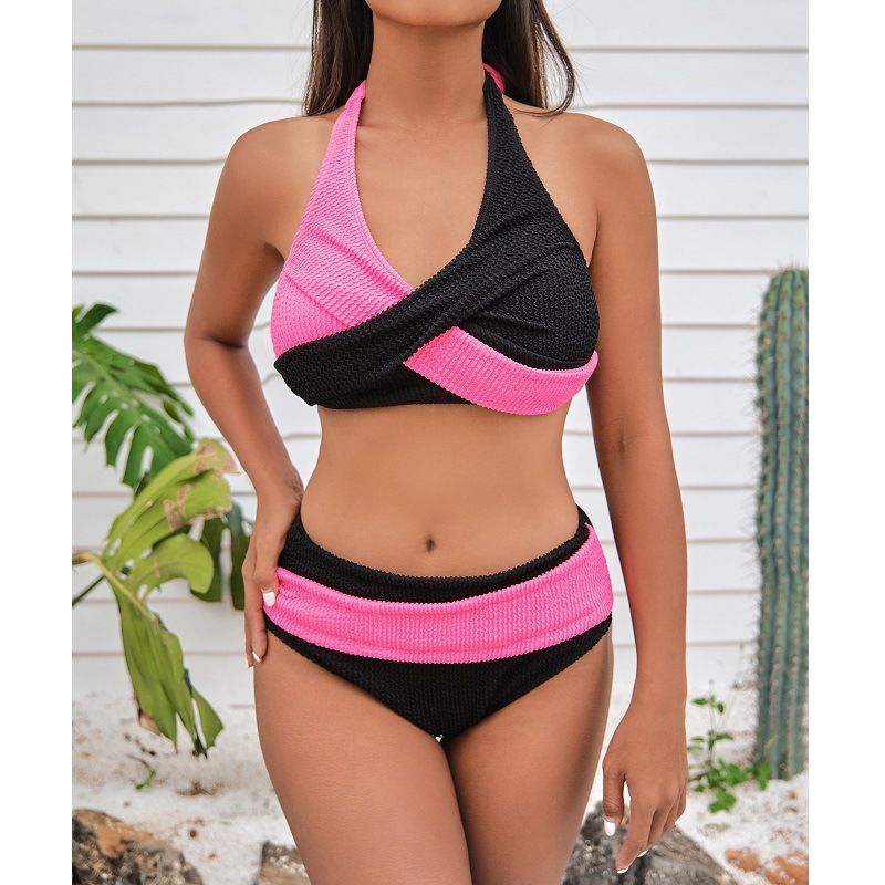New Color-coded Cross-neck Bikini High-waisted Two-piece Swimsuit_voghion.com