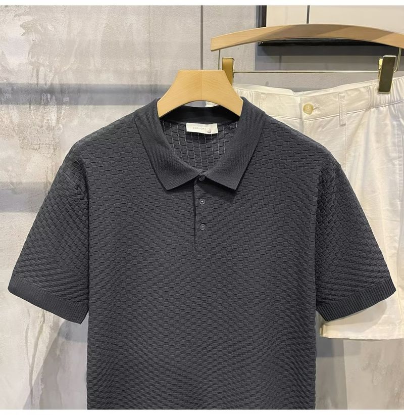Herrenbekleidung Sommer New Ins Revers Kurzarm Poloshirt Herren Leichtes Luxus All Match Einfarbiges Kariertes Textur T-Shirt_voghion.com