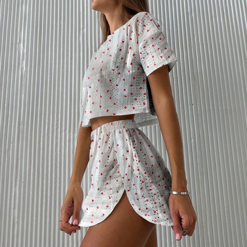 2025 Spring Summer New Sports Casual For Women Printed Hollow Out Split Crop Top Short Two-Piece Set_voghion.com