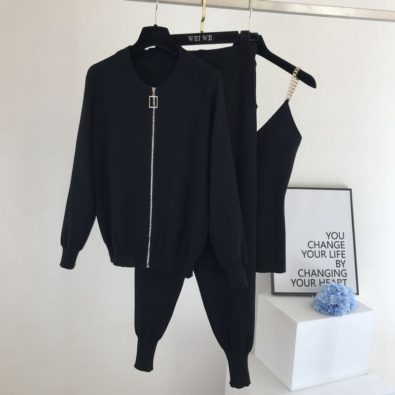 Damen Strickanzug Weste, Jacke, Elastische Hose, Modischer Dreiteiler_voghion.com