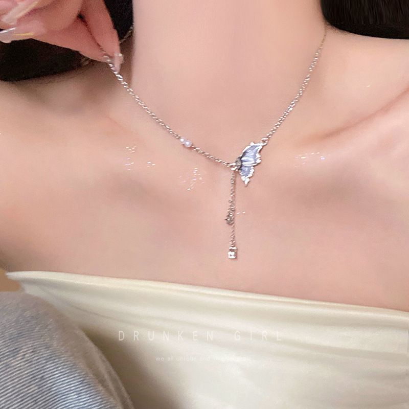 Cool butterfly tassel pearl necklace for women summer new clavicle chain sweet and cool versatile temperament girlfriend accessories_voghion.com