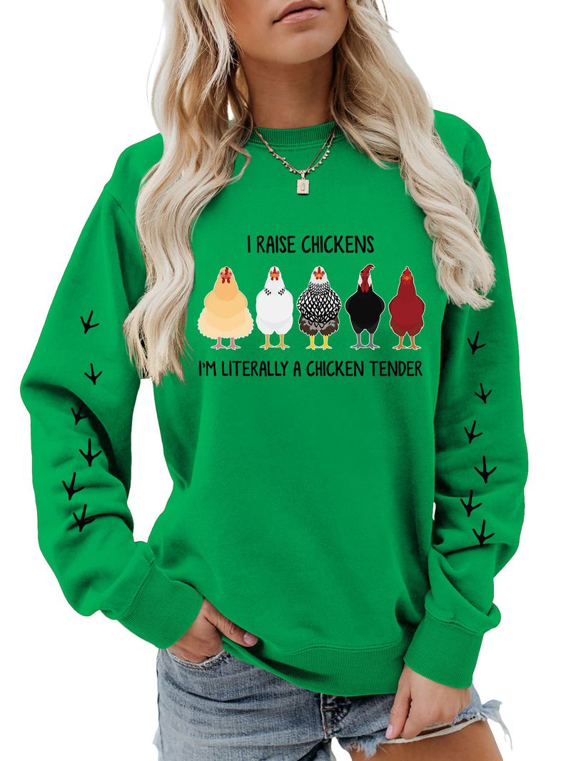 Felpa con stampa scozzese a maniche lunghe e girocollo, divertente e divertente, con scritta "I Raise Chickens" in autunno e inverno_voghion.com