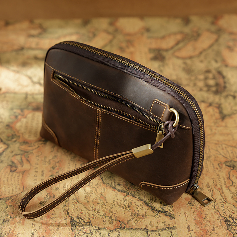 Crazy Horse Herren Clutch mit Handschlaufe aus echtem Leder, Datenkabel, Bluetooth, Schreibwaren-Aufbewahrungstasche_voghion.com