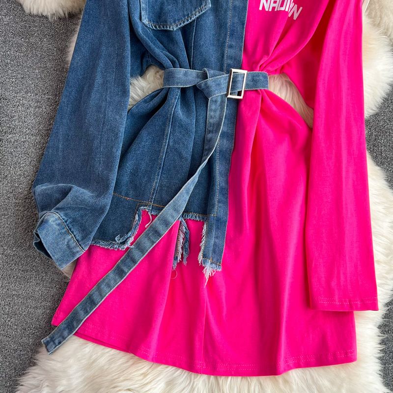 Abbigliamento da donna vita temperamento con cintura in tinta unita in denim abito casual di media lunghezza T_voghion.com
