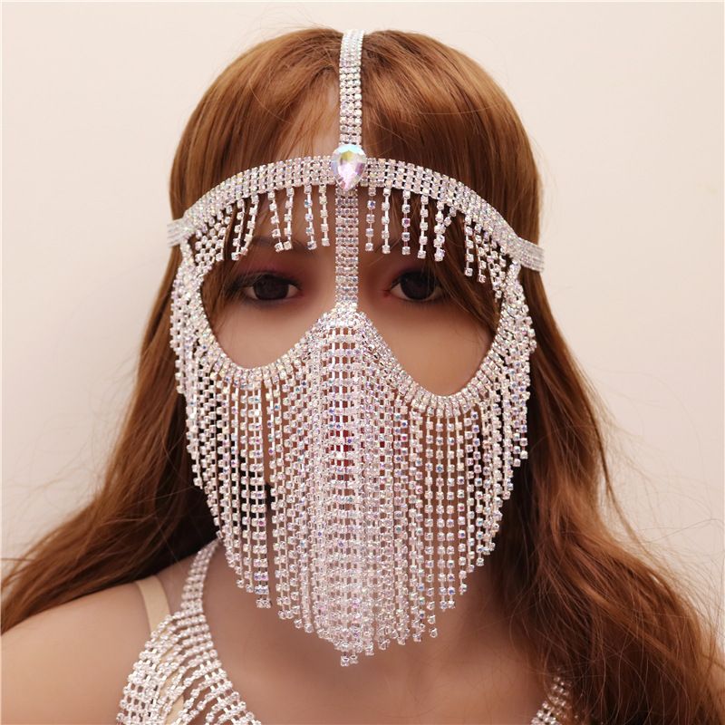 Bauchschleier aus Metall mit Diamantkette, Bühnen- und Nachtclub-Maske für den indischen Tanz, Kopfbedeckung im Western-Stil, Gesichtsbedeckung für Frauen_voghion.com