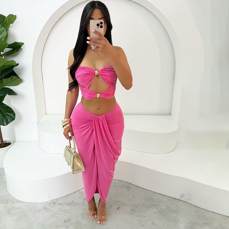 Naisten vaatteet kesällä uusi ontto selkämys putkitoppi korkea vyötärö yksivärinen halkiohamepuku naisille_voghion.com