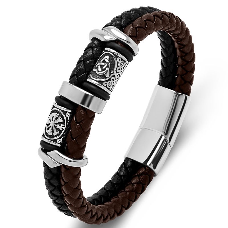 【Nuovo arrivo】Bracciale alla moda da uomo in pelle color-block fatto a mano, in acciaio inossidabile, con perline vichinghe_voghion.com