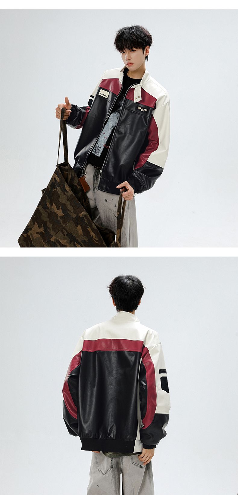 Combinaison de moto américaine en cuir PU pour homme, style automne, patchwork, col montant, style aviateur_voghion.com