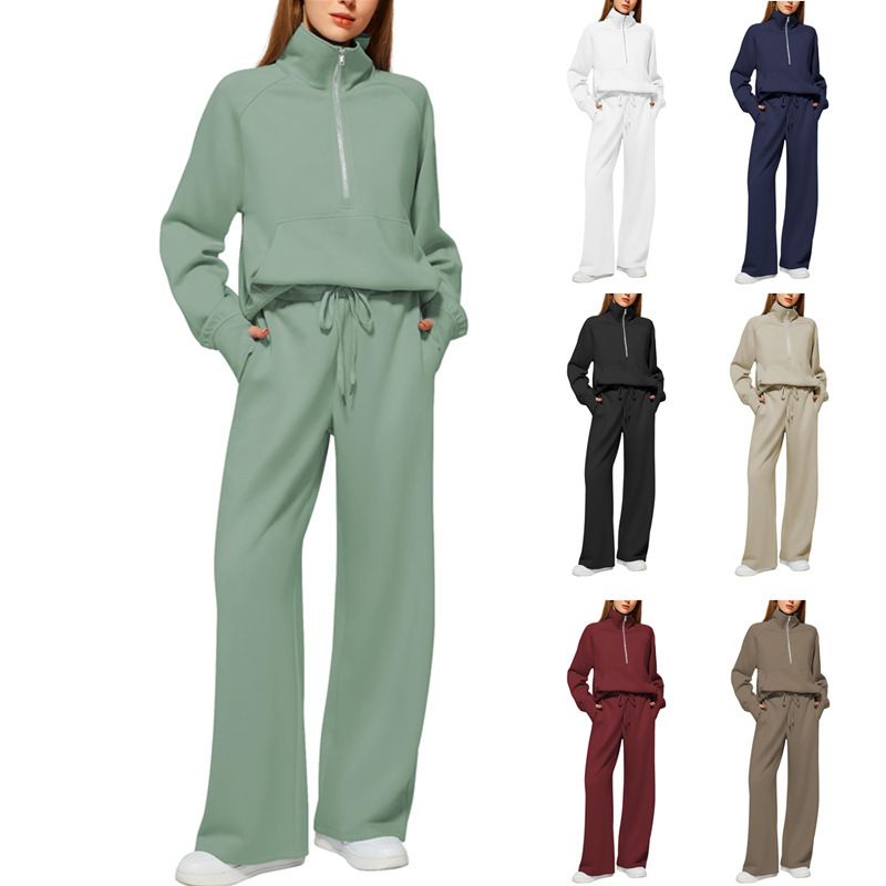2025 Women's Two-Piece Oversized Half-Zip Sweatshirt Wide-Leg Sweatpants Casual Set_voghion.com