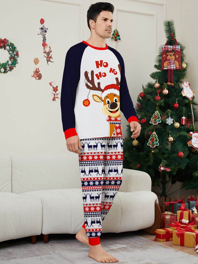 Europäische und amerikanische Eltern-Kind-Heimkleidung. Neues Weihnachtshirsch-Eltern-Kind-Set für vier- oder fünfköpfige Familie. Rundhalsausschnitt, langärmliger bedruckter Pyjama_voghion.com
