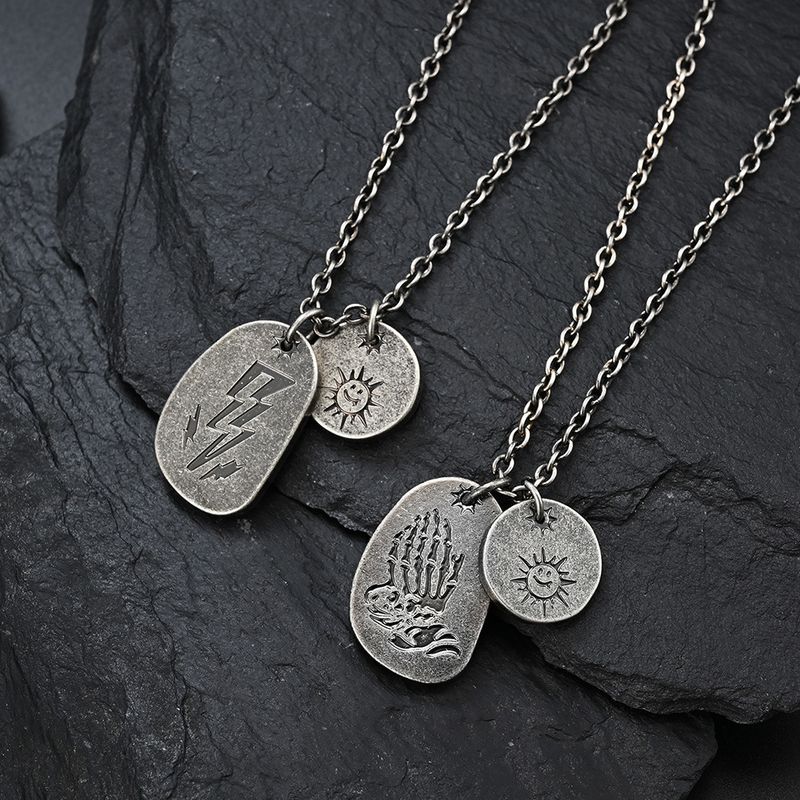 Trendy brand lightning ghost hand double necklace retro old literary style praying hand sun pendant_voghion.com