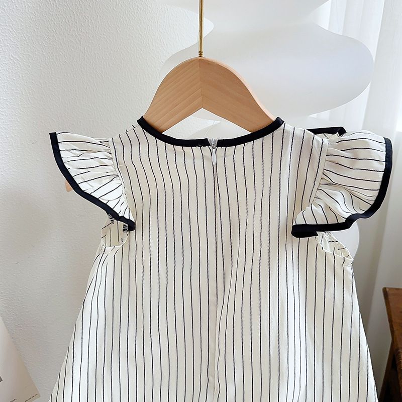 Kinderkleidung Mädchen Prinzessinnenkleid Sommer Neue Kindermode Rundhalsausschnitt Kleine fliegende Ärmel Gestreiftes Kleid_voghion.com