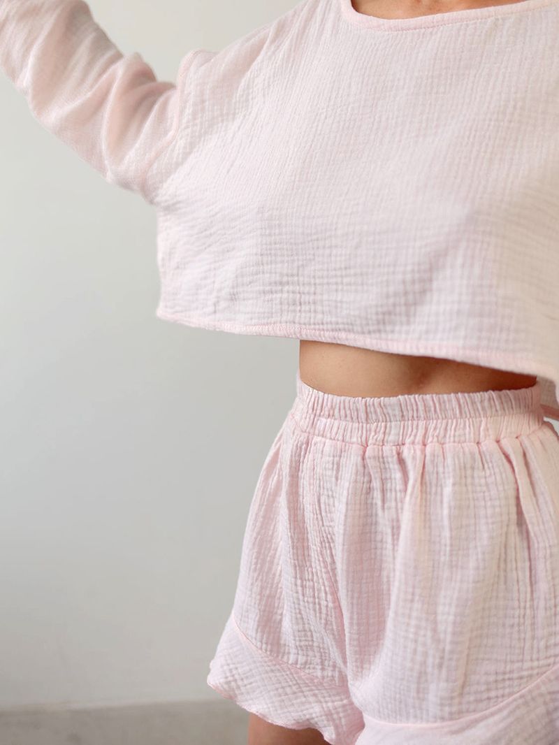 2024 Sommer Baumwolle Weiß Langarm Shorts Pyjamas Zweiteiler Casual Plaid Atmungsaktive Damen Home Kleidung_voghion.com