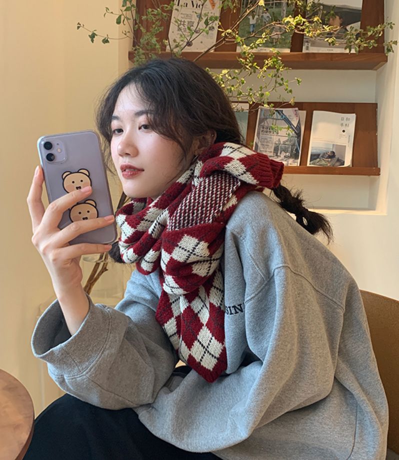 Herbst Winter Damen Schal Koreanische Mode Süß Warm Mittellang Rautenmuster High-End Gestrickter Halswärmer_voghion.com