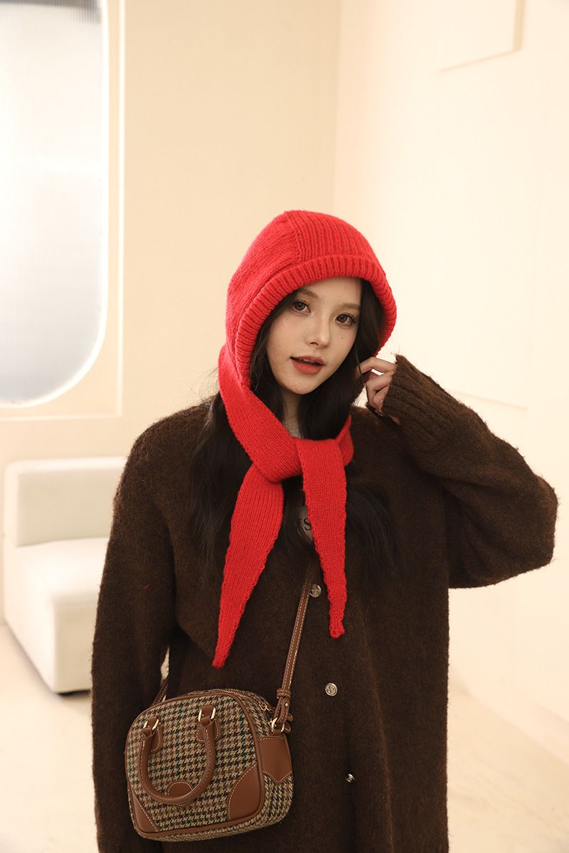 Cappello passamontagna rosso per donna in autunno inverno, caldo e spesso lavorato a maglia, protezione integrata per collo e orecchie, cappello di lana, alla moda_voghion.com
