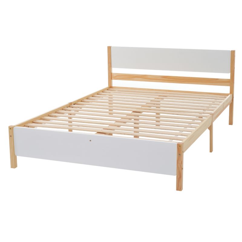Doppelbett, Holzbett, Kiefernholzrahmen Mit Mittelfuß, Jugendbett, Erwachsenenbett, Mit Kopf- Und Fußteil Aus MDF, Bianco + Natura, 140x200 Cm_voghion.com