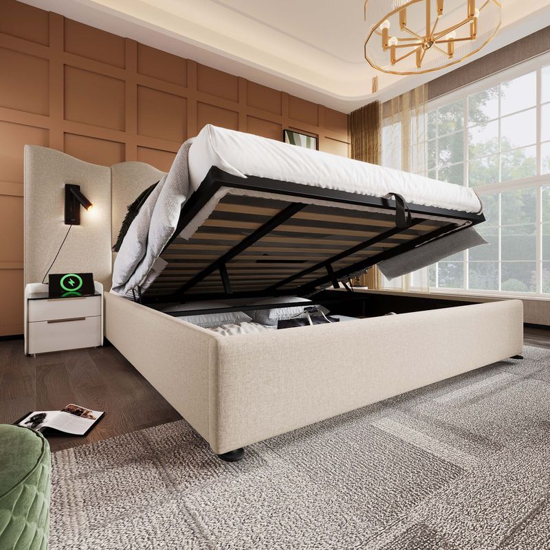 Lit double 180 x 200 cm avec lampe de lecture et chargeur USB Type-C, cadre de lit coffre avec lattes en bois massif et structure métallique, revêtement en lin beige (matelas non inclus)._voghion.com