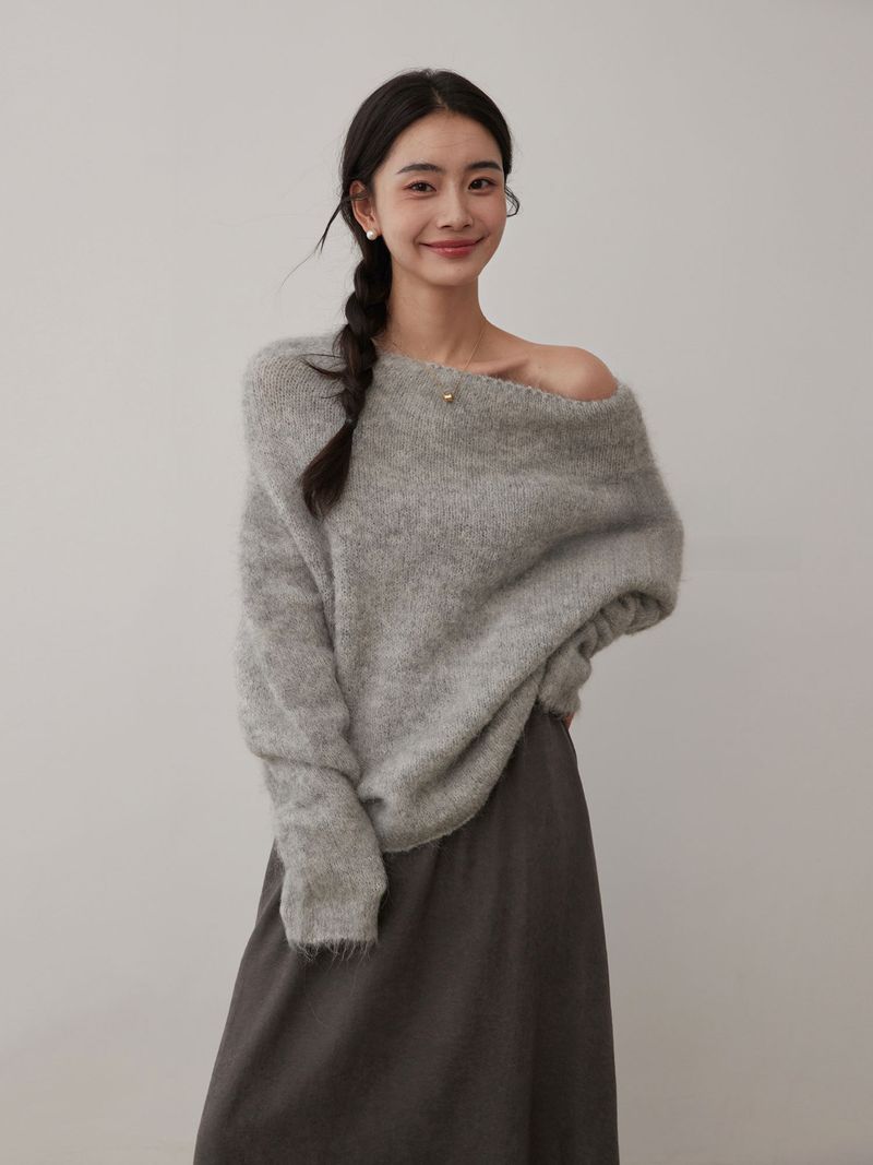 Minimalistische Winter Soft Alpaka Wolle Off-Shoulder Lose Strickpullover Mode_voghion.com