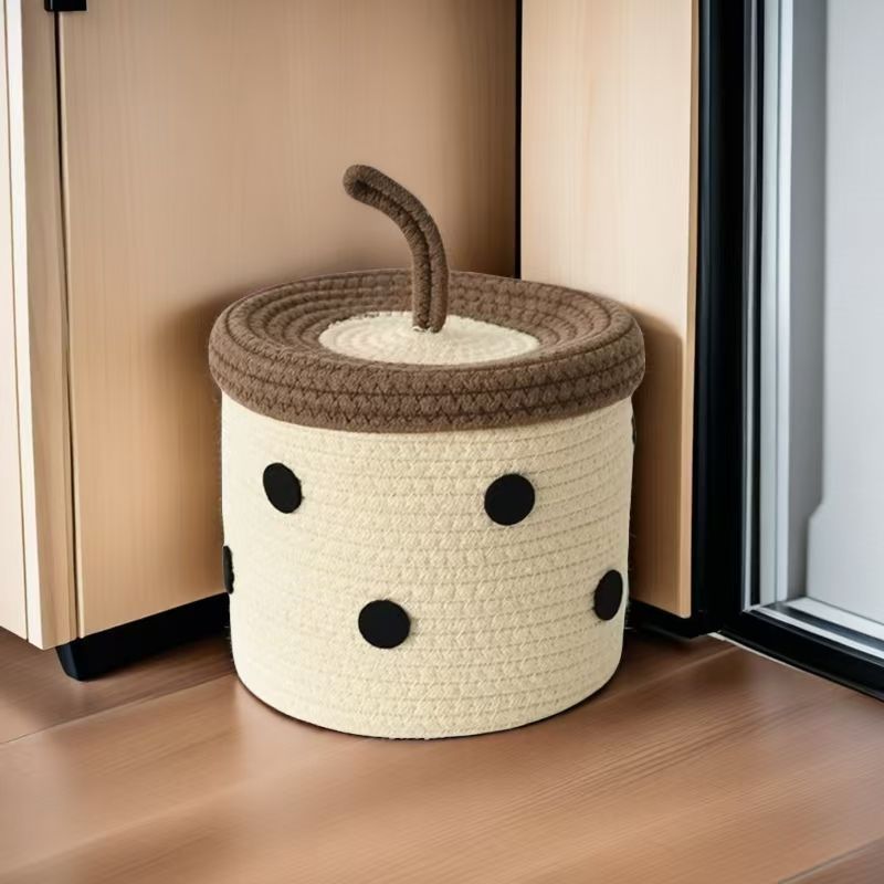 Milchteebecher, niedlicher Kosmetikkorb für Wohnzimmer, DIY-Aufbewahrungsbox aus handgeflochtenem Gewebe_voghion.com
