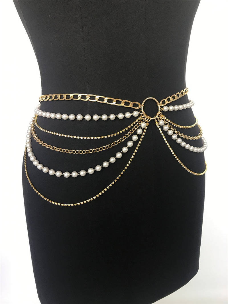 Catena di perle con anello per l'industria pesante di lusso Catena in metallo con catena di strass Catena in vita multistrato_voghion.com