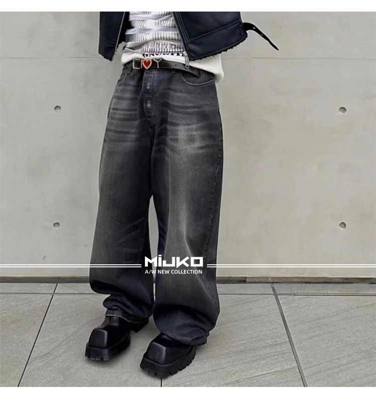 Urban Washed Distressed-broek voor heren en dames LargeBaggy Waxed Glossy Fried Salt Scan Jeans_voghion.com