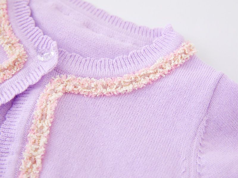 Cardigan élégant en tricot d'inspiration victorienne pour mère et enfant, avec bordure en dentelle, léger et doux, en mélange de coton (blanc-rose/blanc-noir/violet-rose)_voghion.com