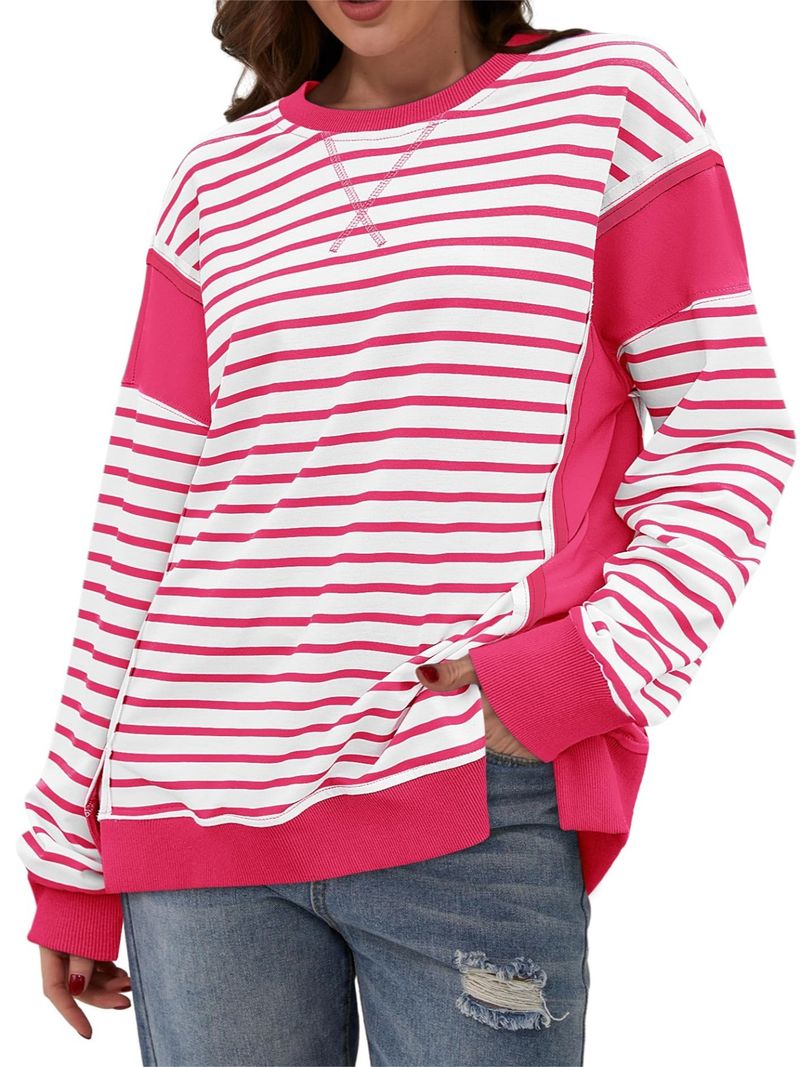 T-shirt a maniche lunghe da donna con righe a contrasto di colore - Felpa girocollo con motivo stampato_voghion.com