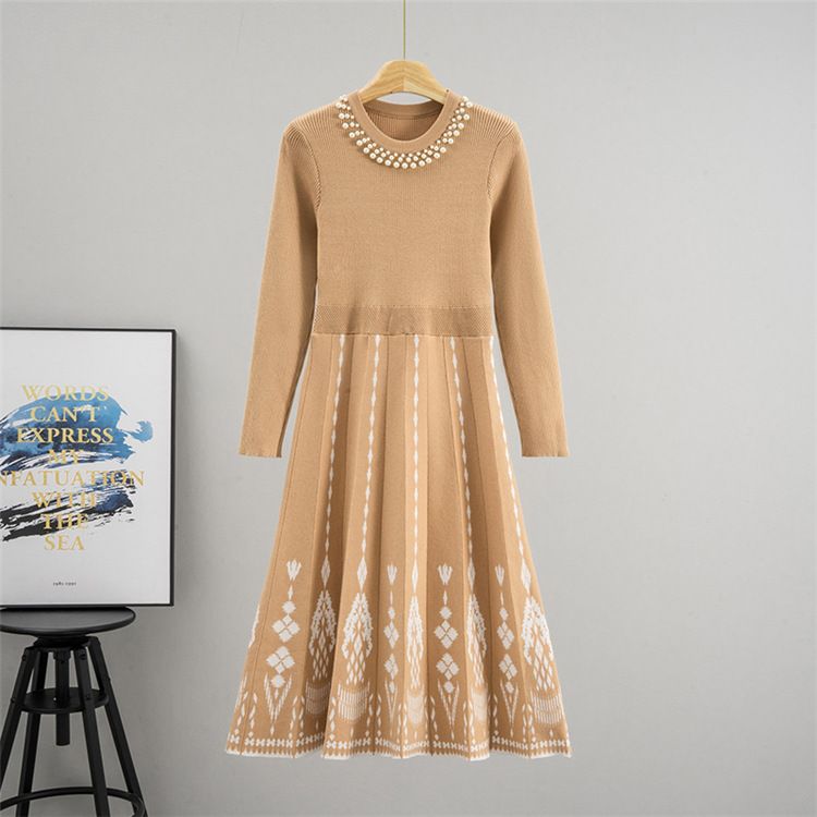 Robe mi-longue tendance pour femme, nouveau design, motif brodé, col rond perlé_voghion.com