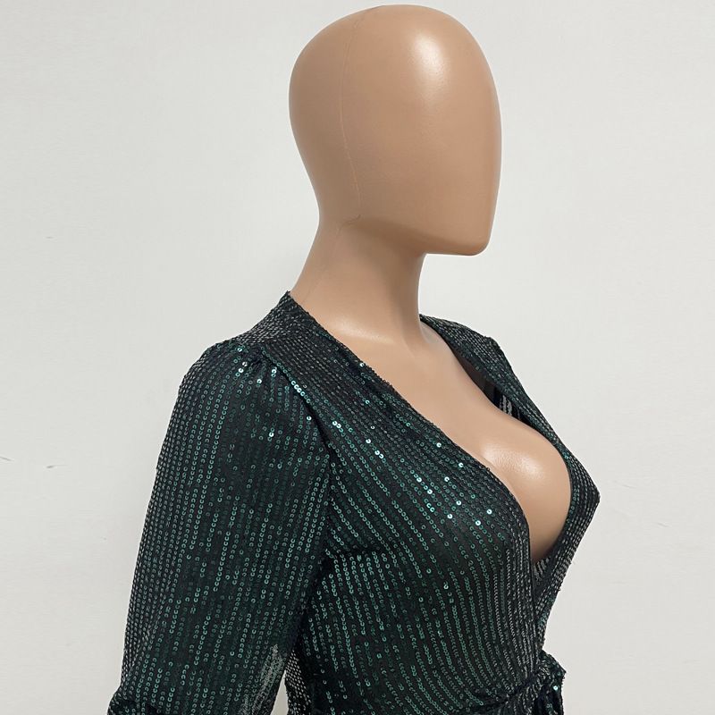 Damkläder Ins Style Deep V Mode Casual Jumpsuit Långärmat Bälte Paljett Jumpsuit Dam_voghion.com