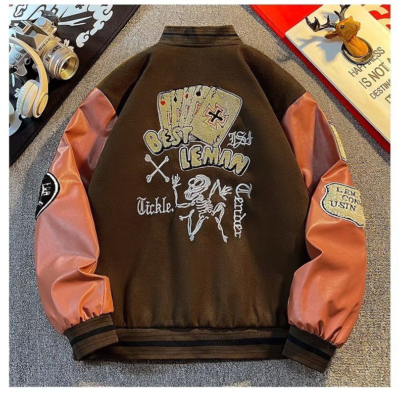 American Trendy Brand Baseballanzug 2023 Frühlings- und Herbstpaar Bestickte Jacke für Männer Street Loose Spliced Casual_voghion.com