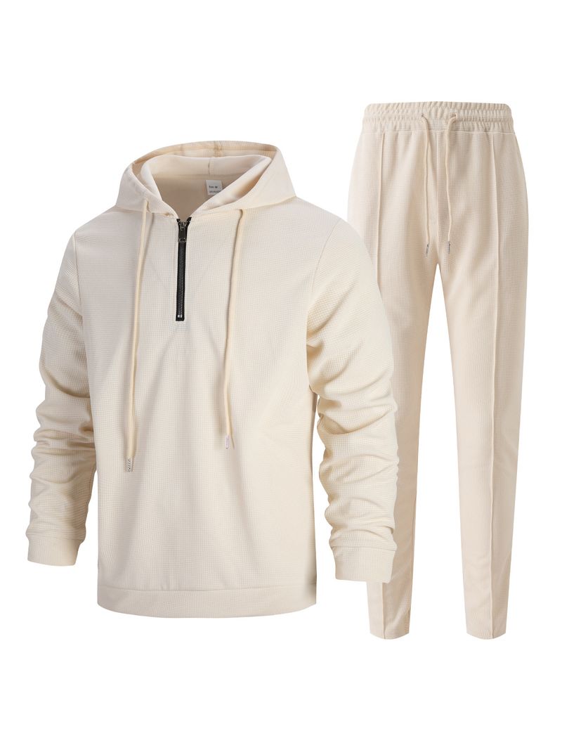 Men's Waffle-Knit Hoodie & Jogger Set – Lightweight Zip-Up Loungewear (S-3XL) | Breathable Polyester For Casual & Sporty Style_voghion.com