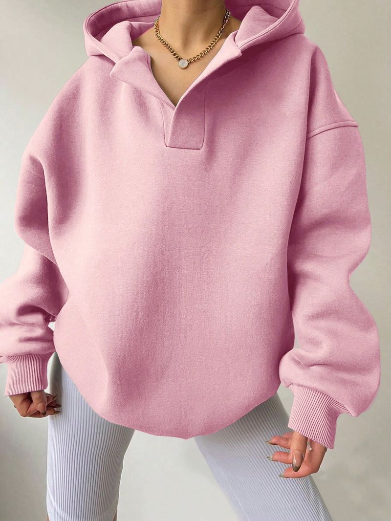 Women's Clothing Sweatshirt Solid Color Long Sleeve Hooded Solid Color Loose Sweater Women's Top_voghion.com