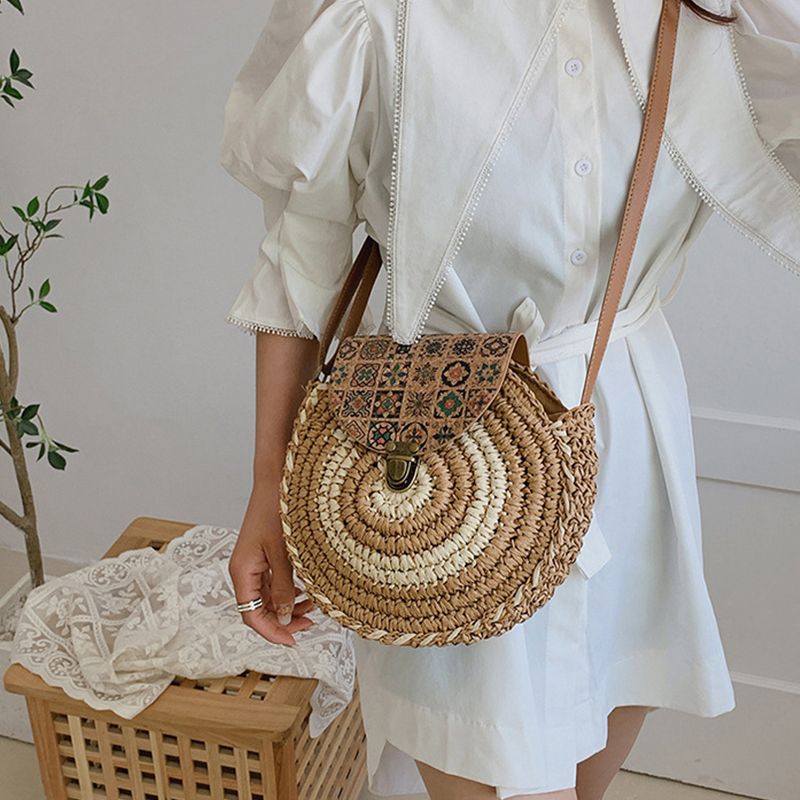 Runde Stroh Strandtasche Vintage handgefertigt gewebt Schultertaschen Bast Kreis Rattan Bohemian Sommer Urlaub Diagonal Pack_voghion.com