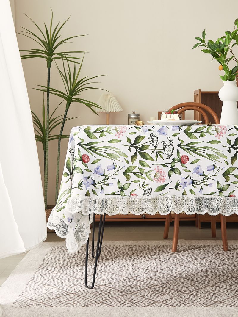 Vintage Abstract Floral Tablecloth – Polyester Lace-Trimmed Rectangular Table Cover For Dining & Coffee Tables (Non-Slip, Washable, Country Style)_voghion.com