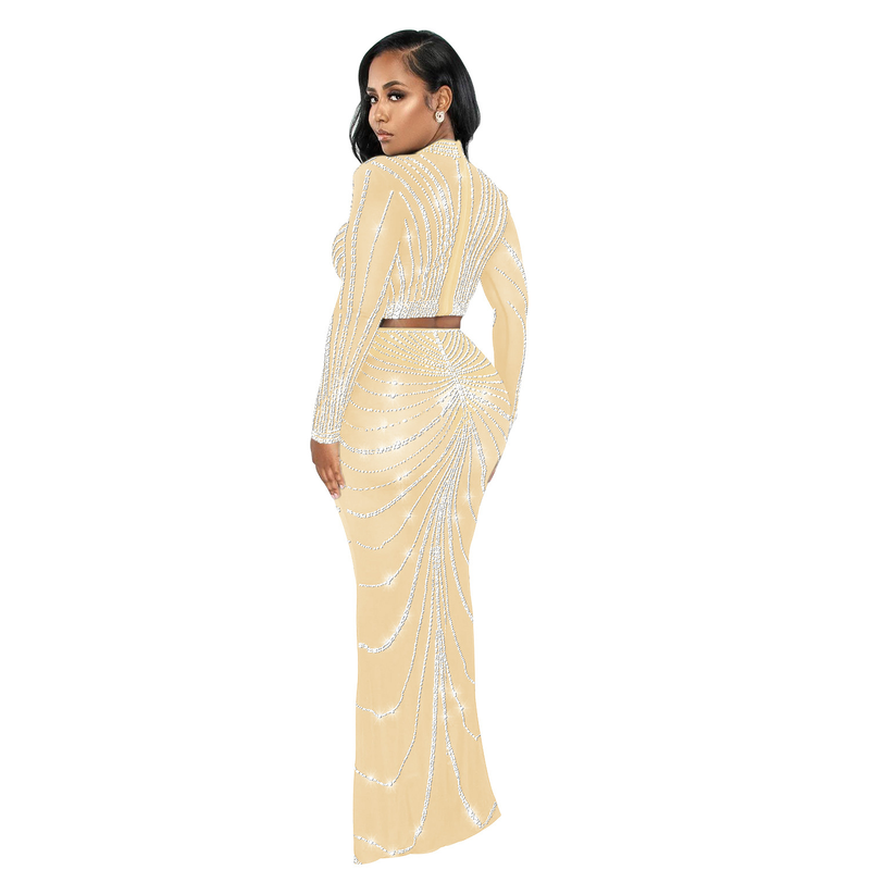 Kadın Giyim Mesh Mesh See Through Uzun Kollu Uzun Etek İki Parça Set_voghion.com