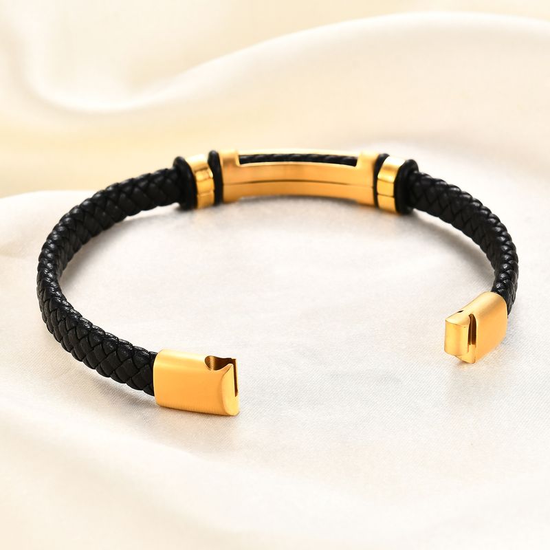 Fashion Flat Black Braided Genuine Leather With IP Plating Long Charm By Stainless Steel In Magnetic Clasp For Men_voghion.com