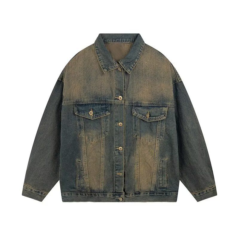 Vintage Washed Denim Jacket For Men & Women - Relaxed Fit Unisex Coat With Classic Collar & Side Pockets (M-3XL, Retro Color)_voghion.com