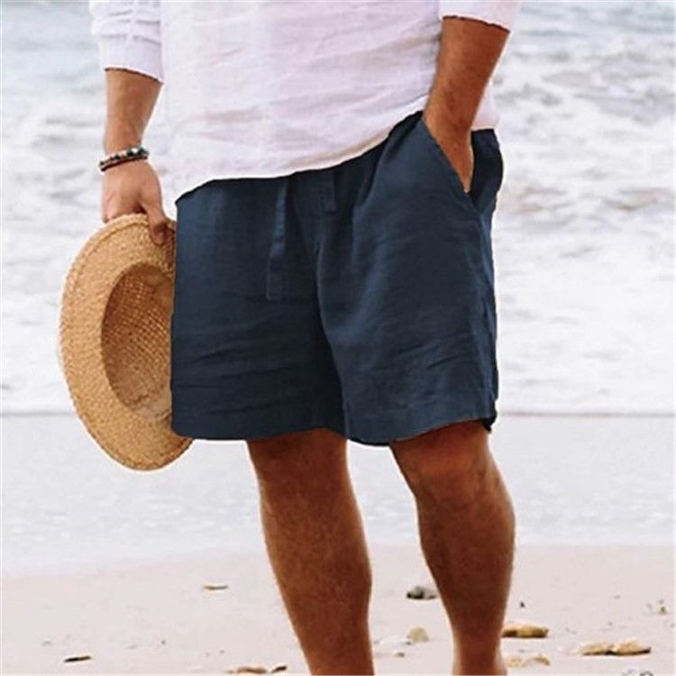Pantalones cortos de algodón y lino para hombre, de verano, lisos, con cordón ajustable, cintura elástica y bolsillos, informales, para playa_voghion.com
