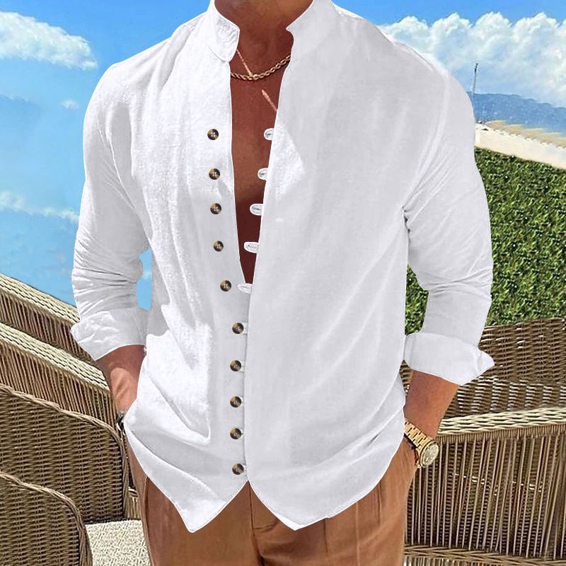 Camicia casual a maniche lunghe larga in lino da uomo con bottoni, autunno 2024_voghion.com