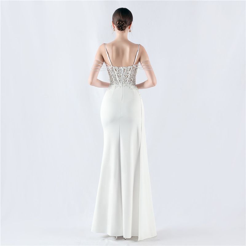 Women's Clothing Heavy Hot Diamond Custom Flower Waist Fishbone Beaded Satin Evening Dress Annual Meeting Wedding_voghion.com