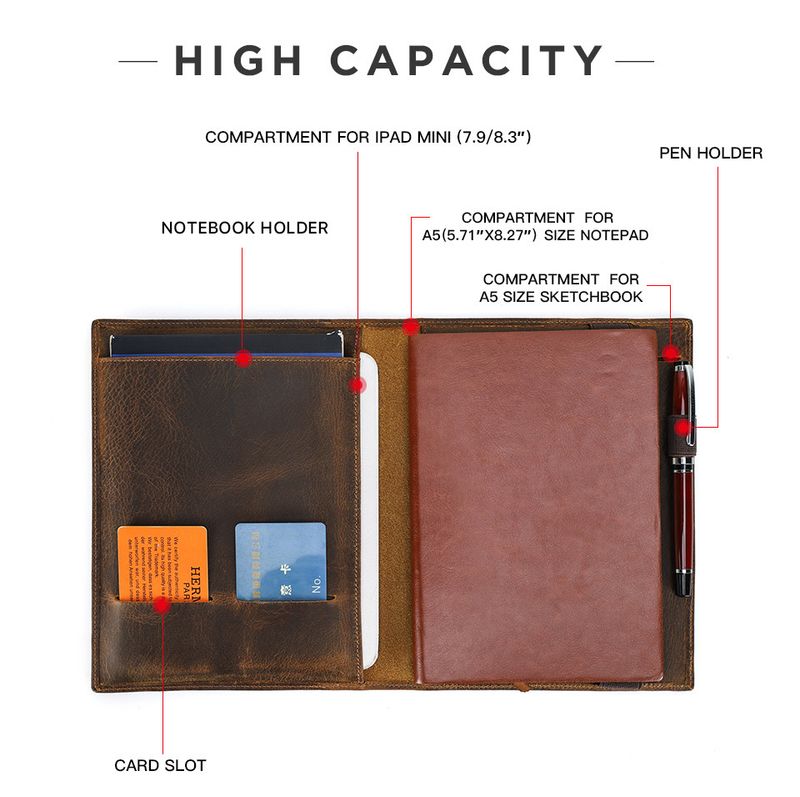 Estuche de cuero Crazy Horse A5 para libreta de papel con portalápices para iPad Mini, funda protectora multifuncional_voghion.com