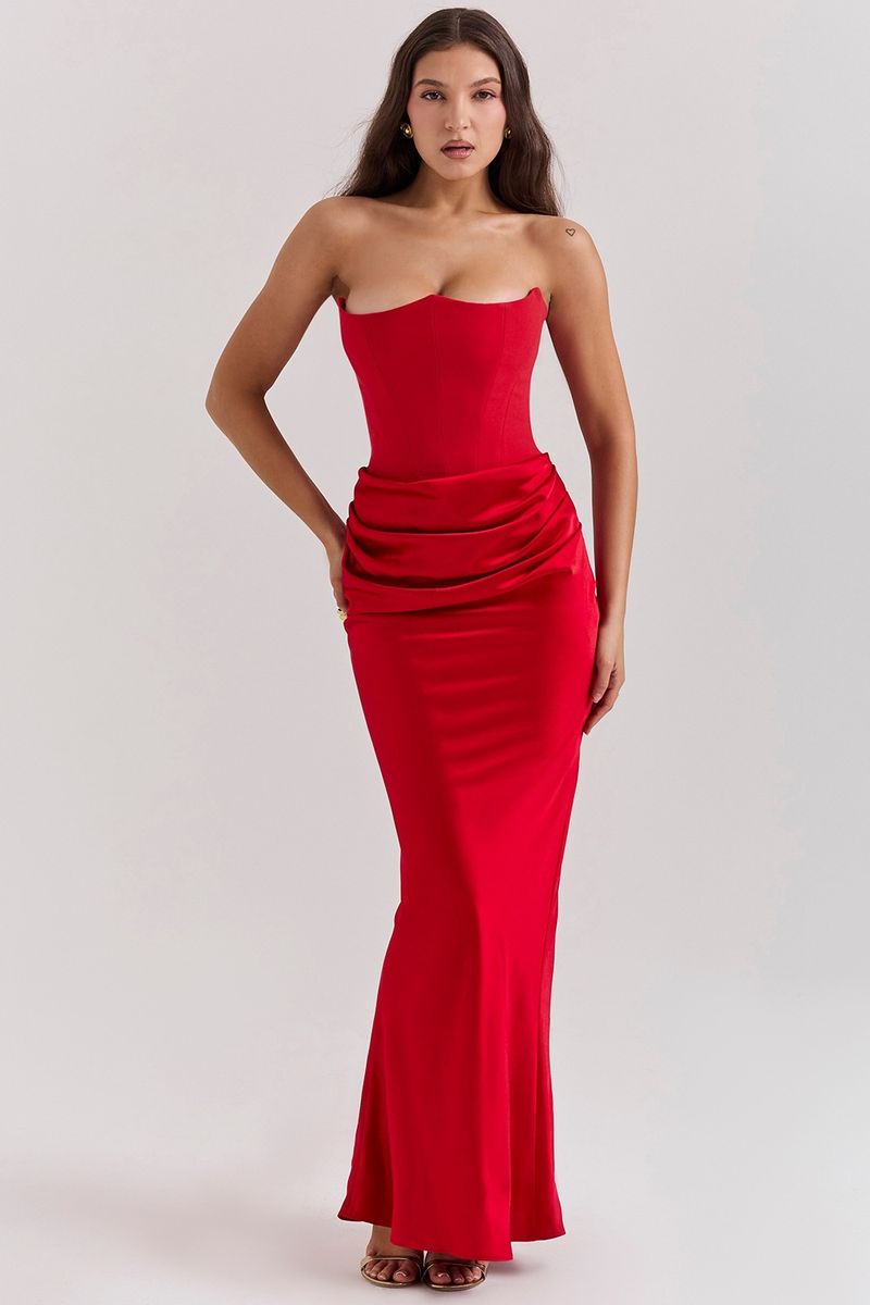 2025 neues rotes trägerloses Korsett Sexy Slim Fit Mermaid Langes einfarbiges Kleid für Frauen_voghion.com
