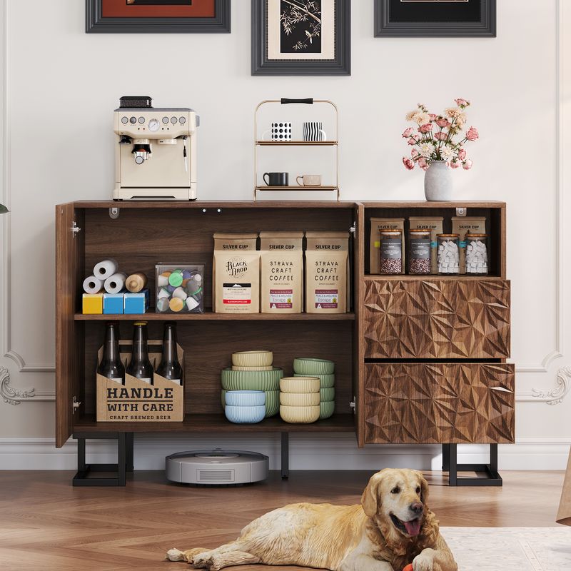 Beistellschrank 120x78,5cm Walnussoptik Mit Blattrelief, 2 Türen & 2 Schubladen_voghion.com