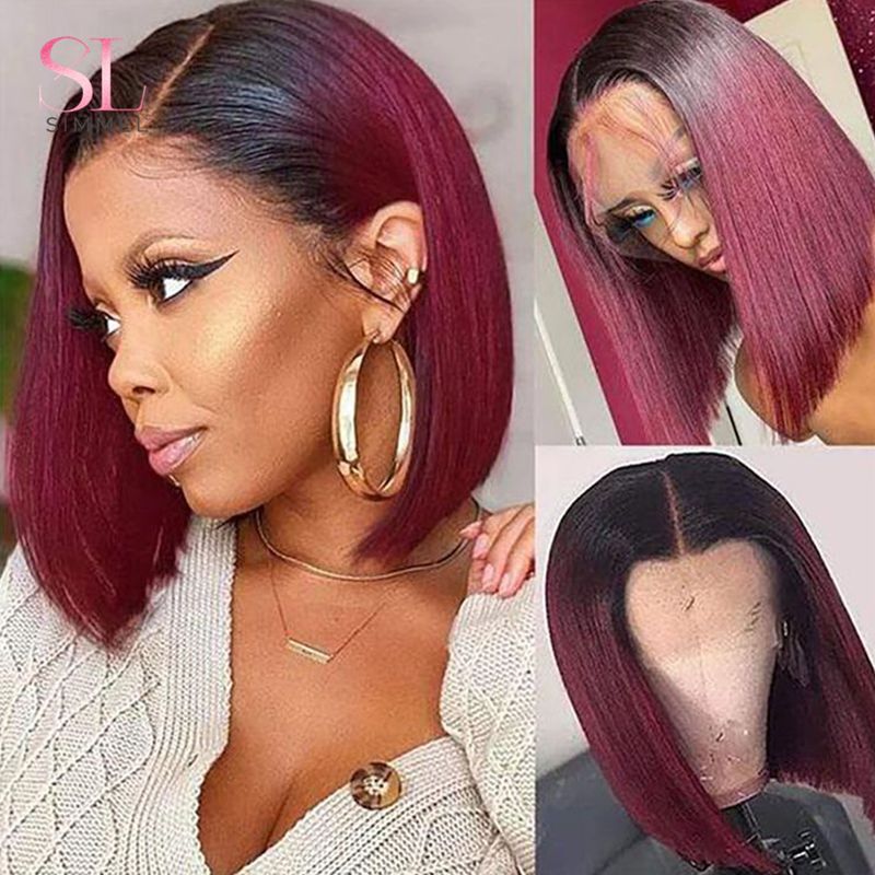 Hetsäljande T1B/99j Bury Red Rakt Bob T-del Lace Front Människohår För Kvinnor Färgat Brasilianskt Remy Hår Limfri Naturlig Peruk_voghion.com