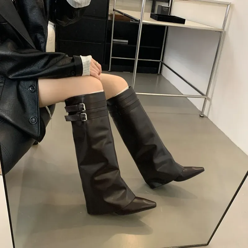 Spitzschuh Damen Winterstiefel Keil High Heels Gürtelschnalle Schwarz Braun PU Leder Botas Fashion Abendschuhe Frau 39_voghion.com