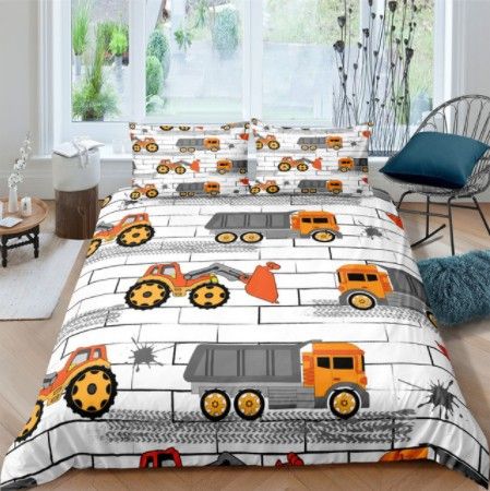 3D excavator tractor bed three piece set cartoon mechanical bulldozer children's bedding pillowcase_voghion.com